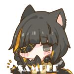 1girl black_gloves black_hair black_jacket blonde_hair blush_stickers brown_shirt covered_mouth cui_pi_zha_xia_qiu eyepatch girls_frontline gloves grey_eyes hand_up hood hood_down hooded_jacket jacket long_hair m16a1_(girls&#039;_frontline) multicolored_hair notice_lines sample_watermark shirt simple_background solo streaked_hair upper_body white_background 