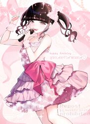  1girl animification arm_up bare_arms blunt_bangs blush bow brown_eyes brown_hair character_name collarbone commentary_request cowboy_shot curly_hair dress dress_bow english_text fangs floating_hair frilled_dress frills gem glitter hair_bow half-closed_eyes halftone happy_birthday heart highres holding holding_microphone idol idol_clothes lace layered_dress looking_at_viewer microphone multicolored_hair music open_mouth pearl_(gemstone) pink_bow pink_dress pink_hair pink_sash pink_theme pink_wrist_cuffs pointing pointing_up real_life sash short_dress sidelocks singing sleeveless sleeveless_dress smile solo sparkle tamura_yukari teeth two-tone_hair upper_teeth_only watermark wrist_cuffs yucke19 