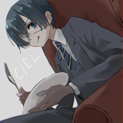  1boy :q armchair black_hair blue_eyes blue_necktie chair character_name chromatic_aberration ciel_phantomhive closed_mouth collared_shirt commentary_request diagonal-striped_clothes diagonal-striped_necktie dutch_angle easy_chair eyepatch fork grey_background grey_jacket grey_pants grey_suit hair_between_eyes highres holding holding_fork holding_plate hungry jacket kuroshitsuji lapels looking_at_viewer male_focus necktie notched_lapels on_chair open_clothes open_jacket pants plate shirt short_hair sidelocks sitting solo striped_clothes suit suit_jacket sup_(wwwsupwww) tongue tongue_out upper_body very_short_hair wing_collar 