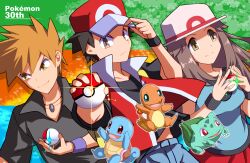 1girl 2boys baseball_cap black_hair black_shirt blue_oak blue_pants blue_shirt breasts brown_eyes brown_hair bucket_hat bulbasaur charmander cimeri closed_mouth collarbone commentary_request fire flame-tipped_tail hat holding holding_poke_ball jacket jewelry leaf_(pokemon) long_hair male_focus multiple_boys necklace open_mouth pants poke_ball poke_ball_(basic) pokemon pokemon_(creature) pokemon_day pokemon_frlg porkpie_hat red_(pokemon) red_eyes red_hat red_skirt shirt short_hair short_sleeves skirt sleeveless sleeveless_shirt smile spiky_hair squirtle starter_pokemon_trio tail white_hat wristband 