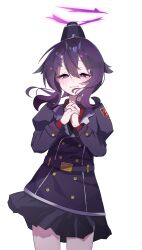  1girl absurdres blue_archive buttons commentary cowboy_shot double-breasted garrison_cap hair_between_eyes hair_ornament hairclip halo haruka_(blue_archive) hat highres jacket juliet_sleeves long_sleeves looking_at_viewer minima_nimo own_hands_clasped own_hands_together puffy_sleeves purple_hair purple_halo purple_jacket red_shirt shirt simple_background smile solo violet_eyes white_background 