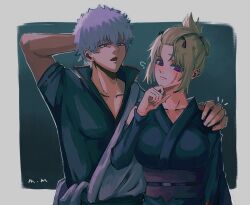  1boy 1girl bangs_pinned_back black_kimono blonde_hair blush commentary_request folded_ponytail gintama hadanugi_dousa highres japanese_clothes kimono kiseru kunai mmsb_551 nihongami sakata_gintoki scar scar_on_cheek scar_on_face sleeveless sleeveless_kimono smoking_pipe tsukuyo_(gintama) weapon 