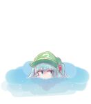  1girl commentary_request flat_cap green_headwear hair_bobbles hair_ornament hat highres kalmia495 kawashiro_nitori looking_to_the_side partially_submerged solo touhou two_side_up water white_background 