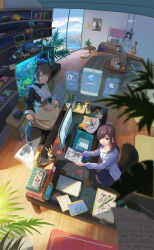  2girls absurdres android animal_ears apron apron_hold aqua_eyes belt black_dress blue_shirt bookshelf brown_belt brown_hair buttons cactus calendar_(object) camera cat_ears cd chair city clipboard clock closed_mouth collared_dress commentary_request computer_mouse day desk digital_clock dress earrings fake_animal_ears fish_tank fisheye flying_paper frilled_apron frills globe green_eyes grey_hair hat highres holding holding_tablet_pc indoors jewelry long_hair long_sleeves maid maid_apron monitor mountainous_horizon mousepad_(object) multiple_girls nintendo_switch office_chair open_clothes open_shirt original paper pencil picture_frame plant potted_plant puffy_long_sleeves puffy_sleeves shirt single-lens_reflex_camera smile standing star_(symbol) star_earrings stuffed_toy swivel_chair tablet_pc unworn_eyewear unworn_hat unworn_headwear vase visor_cap white_apron white_shirt wide_shot wooden_floor yellow_hat yuu-zy 