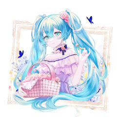  1girl bare_arms bare_shoulders basket blue_bow blue_bowtie blue_butterfly blue_choker blue_eyes blue_hair border bow bow_choker bowtie bug butterfly choker closed_mouth collarbone commentary crossed_bangs double-parted_bangs dress film_grain floral_background flower frilled_choker frilled_dress frilled_sleeves frills from_below hair_between_eyes hair_flower hair_ornament hand_up hatsune_miku highres holding holding_basket holding_flower holding_picnic_basket leaf long_hair looking_at_viewer off-shoulder_dress off_shoulder outside_border pale_skin petals picnic_basket pink_flower pink_petals pink_rose pinky_out portrait_(object) purple_flower rose shireru_illust short_sleeves smile solo tareme twintails untranslatable_commentary upper_body very_long_hair vocaloid wavy_hair white_border white_dress 