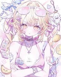  1girl 2mubudaye absurdres bag banana bandaid bandaid_on_face bare_shoulders blonde_hair blush bow bracelet breasts cellphone chinese_commentary choker collar commentary_request cross crossed_arms dress eyewear_on_head food fruit hair_intakes hair_ornament hair_ribbon heart highres jewelry latin_cross long_hair looking_at_viewer necklace orange_fruit original pearl_necklace phone pink_dress ribbon solo sunglasses tattoo twintails upper_body wings x_hair_ornament yellow_eyes 