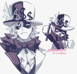  1boy :3 artful_(die_of_death) black_bow black_bowtie black_hat black_jacket bow bowtie colored_skin dashii_(amoriiiiiiiix) die_of_death hat jacket lapels multiple_views notched_lapels open_mouth roblox simple_background smile split-color_clothes white_background white_hat white_skin 
