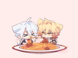  >_< 2boys animal_ears antenna_hair armor bib black_jacket blonde_hair braid chibi chibi_only closed_eyes commentary_request dog_boy dog_ears dog_tail facial_tattoo food fork gradient_hair holding holding_fork honkai:_star_rail honkai_(series) jacket lay0x0 male_focus meatball medium_hair multicolored_hair multiple_boys mydei_(honkai:_star_rail) parted_bangs pasta pauldrons phainon_(honkai:_star_rail) pink_background red_hair red_tattoo sharing_food short_hair shoulder_armor side_braid single_pauldron spaghetti spaghetti_and_meatballs tail tattoo twitter_username white_hair yellow_eyes 