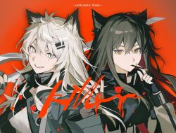  2girls animal_ears arknights black_gloves black_hair blue_eyes character_name chinese_commentary closed_mouth commentary_request fingerless_gloves food food_in_mouth gloves highres jacket lappland_(arknights) multiple_girls open_mouth orange_background orange_eyes pocky pocky_in_mouth second_(byou) sharp_teeth shirt smile teeth texas_(arknights) white_hair white_shirt wolf_ears 