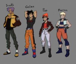  2boys 2girls bandana belt black_boots black_eyes black_hair black_shirt blonde_hair boots capsule_corp character_name denim dougi dragon_ball dragon_ball_gt english_text family fingerless_gloves gloves headscarf highres jacket jeans marron_(dragon_ball) multiple_boys multiple_girls orange_bandana orange_headscarf orange_pants orange_shirt pan_(dragon_ball) pants saiyan shirt short_hair simple_background smile son_goten spiky_hair torn_clothes torn_pants trunks_(dragon_ball) wolfsvile 