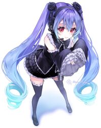  1girl :3 black_bow black_flower black_rose black_shirt black_shoes black_skirt black_sleeves black_thighhighs blue_hair bow closed_mouth collared_shirt commentary_request detached_sleeves double-parted_bangs flat_chest flower frilled_shirt frilled_shirt_collar frilled_skirt frilled_sleeves frilled_thighhighs frills from_above full_body gradient_hair hair_between_eyes hair_bow hair_flower hair_ornament hands_up hatsune_miku hatsune_miku_(infinity) headphones headset highres loafers long_hair long_sleeves looking_ahead miniskirt multicolored_hair nail_polish petite project_diva_(series) purple_hair purple_nails red_eyes rose shireru_illust shirt shoes sidelocks simple_background skirt sleeveless sleeveless_shirt sleeves_past_wrists smile solo standing tareme thigh-highs twintails two-tone_hair very_long_hair vocaloid white_background wide_sleeves zettai_ryouiki 