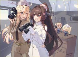  4girls alternate_costume binoculars black_necktie blonde_hair blue_eyes breast_pocket breasts brown_hair brown_jacket brown_pants cherry_blossoms dixie_cup_hat epaulettes fairy_(kancolle) flower gloves hair_between_eyes hair_flower hair_intakes hair_ornament hat headgear headphones himeyamato holding holding_binoculars huge_breasts indoors iowa_(kancolle) jacket kantai_collection large_breasts long_hair long_sleeves military_hat military_uniform mini_person minigirl multiple_girls naval_dress_uniform naval_uniform necktie one_eye_closed pants pocket ponytail red_eyes sidelocks size_difference standing star-shaped_pupils star_(symbol) symbol-shaped_pupils twintails very_long_hair white_gloves white_jacket yamato_(kancolle) 