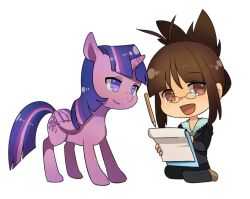  2girls akizuki_ritsuko antenna_hair black_jacket black_pants black_suit blue_hair brown_eyes brown_hair chibi clipboard closed_mouth commentary_request crossover cutie_mark feathered_wings floating folded_ponytail glasses holding holding_clipboard idolmaster idolmaster_(classic) idolmaster_2 jacket kennymoney levitation long_sleeves looking_at_another looking_at_viewer multicolored_hair multiple_girls my_little_pony my_little_pony:_friendship_is_magic open_mouth pants pen purple_fur purple_streaks simple_background sitting streaked_hair suit suit_jacket transparent_background twilight_sparkle violet_eyes wings 