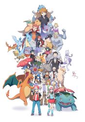  6+boys 6+girls absurdres agatha_(pokemon) alakazam apron arcanine articuno bald belt belt_buckle bill_(pokemon) black_cape black_hair black_jacket black_shirt blaine_(pokemon) blastoise blonde_hair blue_oak blue_shirt brock_(pokemon) brown_hair brown_pants bruno_(pokemon) buckle cape celio_(pokemon) charizard closed_mouth coat collared_shirt commentary_request daisy_oak dragonite dress eevee erika_(pokemon) facial_hair fingerless_gloves gengar giovanni_(pokemon) glasses gloves hairband hakama hakama_skirt hand_in_pocket hand_on_headwear hand_on_own_hip hand_up hat highres holding holding_poke_ball jacket japanese_clothes jewelry kimono koga_(pokemon) lab_coat lance_(pokemon) leaf_(pokemon) logo long_hair looking_at_viewer lorelei_(pokemon) machamp mew_(pokemon) mewtwo misty_(pokemon) moltres mr._fuji_(pokemon) multiple_boys multiple_girls mustache necklace necktie nikurisu719 onix open_clothes open_coat open_mouth pants pikachu poke_ball poke_ball_(basic) pokemon pokemon_frlg ponytail professor_oak purple_dress purple_skirt raichu red_(pokemon) red_hair red_hairband red_hakama red_hat red_skirt rhyhorn sabrina_(pokemon) scarf shirt shoes short_hair skirt sleeveless sleeveless_shirt smile socks spiky_hair standing starmie surge_(pokemon) thumbs_up topless_male venusaur vileplume weezing white_background white_hat wristband yellow_apron yellow_kimono zapdos 