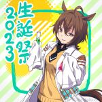  1girl 2023 agnes_tachyon_(umamusume) ahoge animal_ears birthday breasts brown_eyes brown_hair commentary diagonal_stripes floppy_sleeves hair_between_eyes holding holding_test_tube horse_ears horse_girl horse_tail lab_coat medium_breasts pantyhose parted_lips revision shiroi_karasu short_hair simple_background smirk solo striped striped_background tail teeth test_tube umamusume 