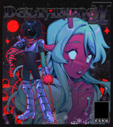  1girl 1other absurdres animal_ears antlers blue_skin buck_teeth colored_skin content_rating cover deer_antlers deer_ears deer_girl deltarune fake_cover ferris_wheel goomyloid highres holding holding_sword holding_weapon horns kris_(dark_world)_(deltarune) kris_(deltarune) no_pupils noelle_holiday noelle_holiday_(dark_world) own_hands_together rapier red_eyes reindeer_girl scarf shaded_face striped_clothes striped_scarf sword teeth utdr_(toby_fox) weapon weird_route_(deltarune) 