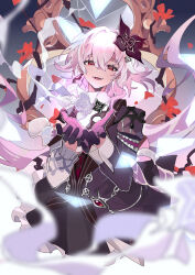  1girl absurdres black_dress black_flower black_gloves cowboy_shot cupping_hands dino_qiu dress earrings evernight_(honkai:_star_rail) evey_(honkai:_star_rail) floating_hair flower gloves hair_between_eyes hair_flower hair_ornament hands_up highres honkai:_star_rail honkai_(series) jewelry long_hair long_sleeves looking_at_viewer march_7th_(honkai:_star_rail) memosprite mirror open_mouth own_hands_together pink_hair red_eyes smile solo standing very_long_hair 