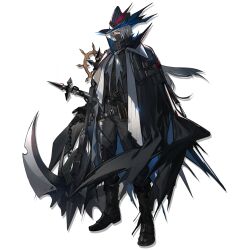  1boy arknights belt black_belt black_boots black_cape black_coat black_gloves black_hat black_mask black_pants black_shirt boots cape chain cloak coat covered_mouth full_body gloves grey_hair hat high_collar highres holding holding_weapon long_hair looking_at_viewer male_focus mask mouth_mask official_art pants red_eyes saw shirt skade solo standing third-party_source transparent_background ulpianus_(arknights) weapon 