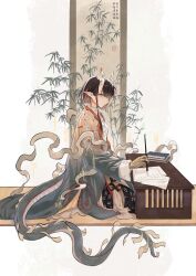  1girl absurdres arknights bamboo black_hair book calligraphy_brush chinese_clothes chinese_commentary chinese_text closed_mouth coat colored_extremities colored_skin commentary_request dragon_horns dragon_tail earrings from_side full_body highres holding holding_brush holding_pen horns ink jewelry jie_(arknights) long_hair long_sleeves looking_at_viewer monom multicolored_hair paintbrush paper pen pointy_ears scroll shawl sitting solo streaked_hair tail tassel tassel_earrings tentacles wide_sleeves writing yellow_eyes 