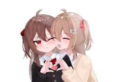  2girls absurdres ahoge black_cardigan blush bow bowtie brown_hair cardigan closed_eyes commentary dcmec dress_shirt evil_neuro-sama from_side hair_between_eyes hair_ornament hair_ribbon heart heart_hair_ornament heart_hands heart_hands_duo highres long_hair long_sleeves multiple_girls neuro-sama off-shoulder_cardigan one_eye_closed open_mouth parted_lips red_bow red_bowtie red_eyes red_ribbon ribbon shirt siblings simple_background sisters torn_hair_ribbon twins two_side_up upper_body vedal_ai virtual_youtuber white_background white_shirt yellow_cardigan 