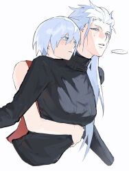  ... 2girls blue_eyes dante_(devil_may_cry) devil_may_cry_(series) devil_may_cry_3 devil_may_cry_5 genderswap genderswap_(mtf) hair_slicked_back highres hug hug_from_behind long_hair multiple_girls short_hair siblings simple_background sisters sweater turtleneck turtleneck_sweater utopia_87115256 vergil_(devil_may_cry) white_background white_hair 