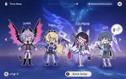  2boys 2girls aracanthus38633 armor arms_at_sides bird_wings black_bodysuit black_bow black_coat black_hair black_horns black_sandals black_shorts black_sleeves black_tail black_tiara blonde_hair blue_cape blue_gem blue_kimono blue_sleeves blunt_ends blunt_tresses blush blush_stickers bodysuit bow bowtie bridal_gauntlets cape character_name choppy_bangs circle_hands closed_eyes coat colored_inner_hair columbina_(genshin_impact) detached_collar detached_sleeves dragon_boy dragon_horns dragon_tail dragon_wings dress durin_(genshin_impact) eyepatch facing_another feathers fischl_(ein_immernachtstraum)_(genshin_impact) fischl_(genshin_impact) full_body furisode game_screenshot_background gem genshin_impact gloves gold gold_ring grey_bridal_gauntlets grey_hair hair_between_eyes hair_ribbon hair_tubes hakama hakama_shorts hand_up hands_on_own_hips head_tilt head_wings heart heart_tail highres holding horns japanese_armor japanese_clothes juban kimono kote kurokote layered_sleeves leg_warmers long_hair looking_at_another looking_at_viewer middle_ring multicolored_hair multiple_boys multiple_girls multiple_wings nebula official_alternate_costume open_clothes open_hands open_kimono open_mouth pantyhose parody pink_hair pink_wings pleated_shorts pom_pom_(clothes) purple_bow purple_bowtie purple_dress purple_hair purple_sash purple_sleeves purple_wings ribbon sandals sash scaramouche_(genshin_impact) screenshot_background shooting_star short_sleeves shorts shoulder_peek side_cape single_leg_pantyhose single_thighhigh spoken_object standing star_(sky) streaked_hair sweat swept_bangs tail thigh-highs tiara transparent_wings tress_ribbon turtleneck turtleneck_bodysuit twitter_username v-shaped_eyebrows very_long_hair vision_(genshin_impact) wanderer_(genshin_impact) white_eyes white_gloves white_kimono white_leg_warmers white_mouth white_pantyhose white_ribbon white_sleeves white_thighhighs white_wings wings yellow_feathers zouri 