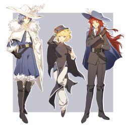  1boy 2girls :o ascot belt black_belt black_coat black_dress black_gloves black_hat black_jacket black_pants black_shoes black_suit blonde_hair blue_cape blue_hair blue_hat blue_necktie blue_pants blue_shirt boots border bracelet cape cavalier_hat chesed_(project_moon) china_dress chinese_clothes cinq_association_east_uniform cinq_association_south_uniform cinq_association_west_uniform closed_mouth coat coat_on_shoulders collared_shirt cosplay dress full_body fur-trimmed_cape fur-trimmed_gloves fur_trim gebura_(project_moon) gloves gold_trim hand_on_own_hip hat hat_feather highres in-franchise_crossover jacket jade_bracelet jewelry knee_boots large_hat library_of_ruina limbus_company long_hair long_sleeves looking_at_viewer medium_hair multiple_girls necktie open_mouth pants parted_bangs plume project_moon puffy_pants red_hair shirt shoes short_hair smile standing suit tiphereth_a_(project_moon) white_ascot white_cape white_hat white_pants white_shirt zomerm 