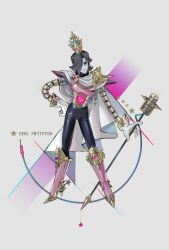  1boy alternate_costume android arm_at_side armor black_eyes black_eyeshadow black_hair black_pants boots capelet character_name closed_mouth commentary_request contrapposto crown english_text eyeshadow fewer_digits flipped_hair from_above full_body gem gloves gold_armor gold_boots gold_crown gold_trim grey_background hair_over_one_eye hand_on_own_hip heart heart-shaped_gem high_heel_boots high_heels holding holding_microphone_stand knee_boots legs_apart light_smile looking_at_viewer makeup male_focus mechanical_arms mettaton mettaton_ex microphone_stand one_eye_covered pants pink_boots pink_gem short_hair sigumado66 simple_background solo sparkle star_(symbol) undertale utdr_(toby_fox) v-shaped_eyebrows white_capelet white_gloves 