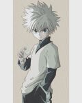  1boy absurdres electricity electrokinesis enoki_(gongindon) hand_in_pocket highres hunter_x_hunter killua_zoldyck long_sleeves looking_at_viewer male_child male_focus nen_(hunter_x_hunter) serious shirt short_hair simple_background solo spiky_hair white_hair white_shirt 