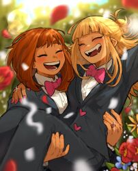  2girls arm_around_shoulder black_jacket black_suit blonde_hair blunt_bangs boku_no_hero_academia bow bowtie breasts brown_hair carrying closed_eyes collared_shirt commentary couple english_commentary falling_petals fangs flower groom hair_bun hashtag-only_commentary heart highres jacket jewelry lia_(miauiz) long_hair medium_breasts medium_hair multiple_girls open_mouth petals pink_bow pink_bowtie pink_nails princess_carry ring shirt sidelocks smile suit thick_eyebrows toga_himiko uraraka_ochaco wedding wedding_ring white_shirt wife_and_wife yuri 
