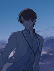  1boy :d artist_name blue_eyes blue_shirt blue_sky brown_hair clouds cloudy_sky coat commentary_request grin highres id_card jerome_adams koeda_(k83_4) lanyard long_hair long_sleeves male_focus outdoors shirt short_hair sky smile solo sunset tears_of_themis teeth upper_body very_long_hair white_coat 