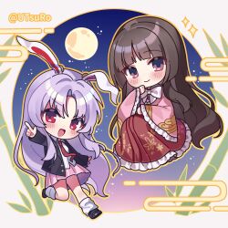  2girls absurdres animal_ears artist_name bamboo black_hair chinese_commentary commentary_request frilled_skirt frilled_sleeves frills full_moon highres hime_cut houraisan_kaguya japanese_clothes kimono long_hair looking_at_viewer moon multiple_girls necktie pink_kimono pink_skirt rabbit_ears rabbit_girl red_eyes red_necktie red_skirt reisen_udongein_inaba skirt smile touhou utsuro114514 violet_eyes 