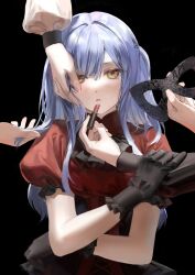  5girls absurdres amoris_(bang_dream!) ascot ave_mujica_(bang_dream!) bang_dream! bang_dream!_it's_mygo!!!!! black_ascot black_background black_mask blue_hair brown_eyes chinese_commentary chousile683 commentary_request cosmetics cowboy_shot crossed_arms doloris_(bang_dream!) glowing hand_on_another's_cheek hand_on_another's_face highres holding holding_lipstick_tube light_particles lipstick_tube long_hair looking_at_viewer mask masquerade_mask misumi_uika mortis_(bang_dream!) multiple_girls oblivionis_(bang_dream!) out_of_frame parted_lips puffy_short_sleeves puffy_sleeves red_shirt shirt short_sleeves solo_focus surrounded_by_hands timoris_(bang_dream!) togawa_sakiko wakaba_mutsumi yahata_umiri yuutenji_nyamu 