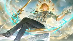  1boy absurdres animal bird bone closed_mouth clouds coat commentary crossed_legs dress_shoes eggyolkceo english_commentary floating_hair gloves grey_pants hair_between_eyes halo halo_behind_head highres holding_hands invisible_chair lapels long_sleeves luuk_herssen_(wuthering_waves) male_focus notched_lapels pants parted_bangs red_eyes ribs shoes sitting skeleton skull sky smile solo sword watermark weapon white_coat white_gloves wuthering_waves 