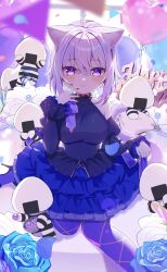  1girl ahoge animal_ears balloon black_dress blue_flower blue_rose blush breasts cat_ears cat_girl cat_tail closed_mouth commentary_request dress fingernails flower hair_between_eyes happy_birthday highres hololive komiojisan long_sleeves looking_at_viewer medium_breasts nail_polish nekomata_okayu onigirya_(nekomata_okayu) puffy_long_sleeves puffy_sleeves purple_hair purple_nails purple_tail rose short_hair sleeveless sleeveless_dress smile tail violet_eyes 