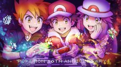  1girl 2boys anniversary baseball_cap black_hair black_shirt blastoise blue_oak blue_shirt brown_eyes brown_hair charizard collarbone eevee fang game_boy game_boy_advance handheld_game_console hat highres holding inglebard jacket jewelry leaf_(pokemon) long_hair multiple_boys necklace open_mouth pikachu pokemon pokemon_(creature) pokemon_frlg red_(pokemon) red_hat shirt short_hair short_sleeves sleeveless smile spiky_hair sprite_art teeth upper_teeth_only venusaur white_hat wristband 