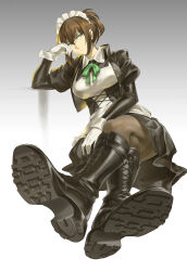  absurdres apron black_boots black_pantyhose boots crossed_legs feet fine_fabric_emphasis folded_ponytail foot_focus footwear_focus gloves green_eyes green_necktie hairband half_up_hair_twist head_on_hand highres knee_boots lace-up_boots long_hair maid maid_apron maid_headdress medium_hair neck_ribbon necktie original pantyhose ribbon ruukii_drift sidelocks simple_background sitting soles thighband_pantyhose white_gloves 