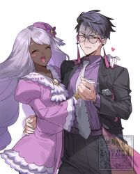  1boy 1girl arm_around_shoulder arm_around_waist ascot black-framed_eyewear black_hair black_jacket black_pants blush closed_eyes collared_shirt commentary_request corbeau_(pokemon) dark-skinned_female dark_skin dress eyewear_strap frilled_ascot frills glasses glove_bow gloves heart highres holding_hands jacinthe_(pokemon) jacket juliet_sleeves kitsune_(ly_howe) long_hair long_sleeves low_drills mega_stone necktie open_clothes open_jacket open_mouth pants parted_hair parted_lips partially_shaded_face pokemon pokemon_legends:_z-a puffy_sleeves purple_dress purple_hair purple_shirt round_eyewear shirt short_hair short_sideburns sideburns smile undercut very_dark_skin white_gloves white_necktie yellow_eyes 