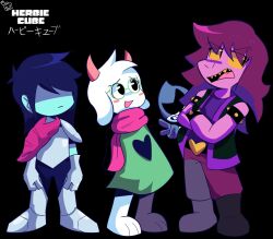  1girl 1other 2025 2boys 2d ambiguous_gender animal_ears anthro armlet armor armored_boots artist_name barefoot black_armlet black_background black_boots black_jacket blue_hair blue_skin blush_stickers body_fur bodysuit boots colored_sclera colored_skin colored_teeth creature crossed_arms deltarune digital_media droopy_ears fangs female floppy_ears full_body furry furry_male gauntlets glasses goat goat_boy green_hat green_robe hair_over_eyes hat herbiecube highres horns human jacket kris_(dark_world)_(deltarune) kris_(deltarune) lancer_(deltarune) lizard lizard_girl long_hair long_sleeves male monster monster_girl multiple_boys open_mouth pants pink_hair pink_horns pink_scarf pink_skin purple_pants ralsei reptile reptile_girl robe round_eyewear scalie scarf sharp_teeth short_hair sideways_glance simple_background sleeveless sleeveless_jacket slit_pupils spade_(shape) spiked_armlet standing susie_(dark_world)_(deltarune) susie_(deltarune) teeth utdr_(toby_fox) v variant_set white_fur wizard_hat yellow_sclera yellow_teeth 