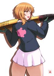 ,1girl absurdres anglerfish artist_logo blue_jacket brown_eyes brown_hair commentary cowboy_shot emblem english_commentary equation fish girls_und_panzer gloves grey_gloves highres holding holding_tank_shell jacket japan_ground_self-defense_force japan_self-defense_force kyoyume logo long_sleeves looking_to_the_side military_uniform miniskirt monkey_ears monkey_girl nishizumi_miho ooarai_military_uniform open_mouth pleated_skirt shadow short_hair skirt solo standing tank_shell white_skirt
