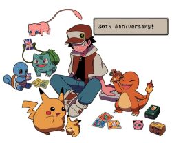  1boy anniversary baseball_cap black_hair black_shirt blue_eyes blue_pants brown_eyes brown_hair bulbasaur character_doll charizard charmander closed_eyes closed_mouth doll fangs fat_pikachu figure fire flame-tipped_tail floating game_boy handheld_game_console hat highres holding jacket jigglypuff mew_(pokemon) multiple_boys nidoran nidoran_(female) open_clothes open_jacket open_mouth pants pikachu pinsir plant pokemon pokemon_(creature) pokemon_rgby pokemon_tcg red_(pokemon) red_eyes red_hat shirt shoes short_hair short_sleeves smile squirtle tail trading_card tyako_089 vines wigglytuff 