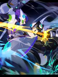  2boys android armor artist_name axl_(mega_man) black_armor black_helmet black_zero_(mega_man) blue_eyes chest_jewel commentary energy_sword english_commentary fighting forehead_jewel full_body grey_hair gun helmet highres holding holding_gun holding_sword holding_weapon long_hair looking_at_another male_focus mega_man_(series) mega_man_x8 mega_man_x_(series) multiple_boys orange_eyes ponytail purple_hair spiky_hair sword watermark wawadochi weapon white_armor white_axl_(mega_man) white_helmet z_saber zero_(mega_man) 