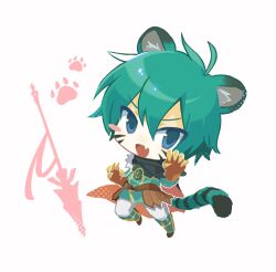  animal_ears aqua_eyes aqua_hair commentary_request ephraim_(fire_emblem) fang fire_emblem fire_emblem:_the_sacred_stones fire_emblem_shadows highres lella_(piyotto22) official_alternate_costume open_mouth tail tiger_boy tiger_ears tiger_tail 