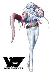  1girl belt belt_buckle black_belt black_eyes bob_cut bodysuit bright_pupils buckle clenched_teeth commentary eidenjyou1997 emblem english_commentary full_body genderswap genderswap_(mtf) grin hand_on_own_head high_heels highres jellyfish_girl kamen_rider kurageron looking_at_viewer monster_girl neo_kamen_rider pelvic_curtain shocker_(kamen_rider) short_hair simple_background smile solo standing teeth tentacle_arm white_background white_bodysuit white_hair 