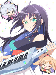  3girls :3 :d ^_^ animal_ears armpit_crease bare_shoulders black_hair black_shirt blonde_hair blue_hair blue_streaks breasts chibi chibi_inset cho_kaguya-hime! closed_eyes colored_inner_hair commentary_request cowboy_shot green_eyes grey_hair grin hair_ornament hair_rings hair_stick hand_fan hand_fan_writing highres holding holding_fan holding_instrument instrument japanese_clothes kaguya_(cho_kaguya-hime!) keytar kimono lop_rabbit_ears medium_breasts multicolored_hair multiple_girls open_mouth paper_fan pink_hair rabbit_ears red_kimono runami_yachiyo sakayori_iroha shirt sleeveless sleeveless_shirt smile solo_focus streaked_hair sweat translation_request turtleneck turtleneck_shirt twintails uchiwa yukiguni773 