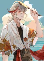  1boy 1o8k antenna_hair artist_name black_pants black_shirt blue_sky clouds collared_shirt commentary day english_commentary genshin_impact hair_between_eyes hand_fan hand_up highres holding holding_fan horizon kaedehara_kazuha leaf_print looking_at_viewer low_ponytail male_focus maple_leaf_print medium_hair ocean open_clothes open_shirt outdoors pants paper_fan parted_lips ponytail print_shirt red_eyes red_hair red_shawl shawl shirt shirt_tucked_in short_sleeves sidelocks sky solo sweat uchiwa undershirt white_hair white_shirt 