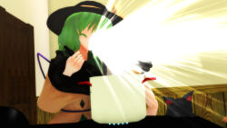  2girls 3d black_cat bow cat closed_eyes commentary_request eyeball frilled_shirt_collar frills furui green_eyes green_hair hat hat_ribbon heart highres indoors kaenbyou_rin kaenbyou_rin_(cat) komeiji_koishi komeiji_satori long_sleeves mikumikudance_(medium) multiple_girls red_eyes ribbon shirt short_hair spit_take spitting steam table third_eye touhou wide_sleeves yellow_shirt 
