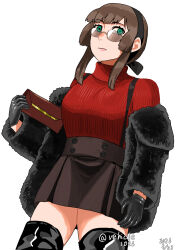  1girl bag black_hair black_hairband black_skirt black_thighhighs blunt_sidelocks commentary_request freckles fur_jacket green_eyes hairband handbag highres jacket kantai_collection long_hair long_sidelocks looking_at_viewer mogador_(kancolle) mogador_(saury_festival)_(kancolle) official_alternate_costume overall_skirt red_sweater ribbed_sweater sidelocks simple_background skirt solo sunglasses suspender_skirt suspenders sweater thigh-highs turtleneck turtleneck_sweater vehicle1026 white_background 