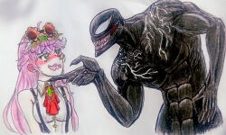 1boy 1girl aivy_lovencraft blush fanart gem goggles goggles_on_head green_eyes highres indie_virtual_youtuber monocle open_mouth pink_hair spanish_commentary traditional_media venom_(marvel) virtual_youtuber vtuber vtuberfanart yfokito04