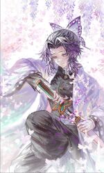  1girl animal_print belt black_hair blue_butterfly branch breasts bug butterfly butterfly_hair_ornament butterfly_print butterfly_print_haori checkered_haori demon_slayer_uniform earrings flower gradient_hair hair_ornament hanafuda_earrings haori highres jacket japanese_clothes jewelry kimetsu_no_yaiba kochou_shinobu long_hair long_sleeves looking_at_viewer multicolored_hair parted_bangs print_haori purple_butterfly purple_hair san_wu_mao_liang scar scar_on_face scar_on_forehead short_hair simple_background smile solo squatting sword sword_writing updo violet_eyes weapon white_background white_belt wisteria 